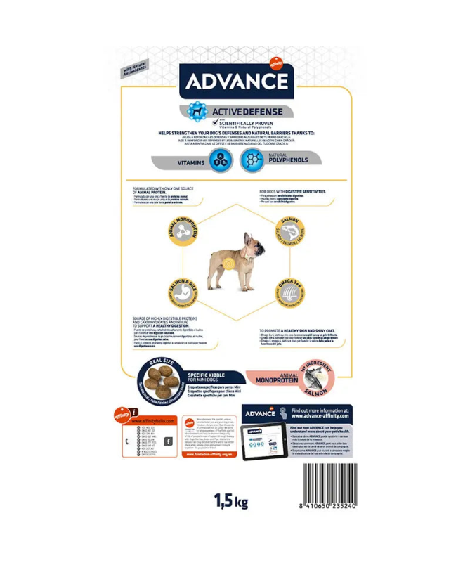 ADVANCE CANINE ADULT SENSIT MINI SALMON 1 5KG – foto del producto vitamina sulfato maíz ADVANCE CANINE ADULT SENSIT MINI SALMON 1 5KG – foto del producto vitamina sulfato maíz