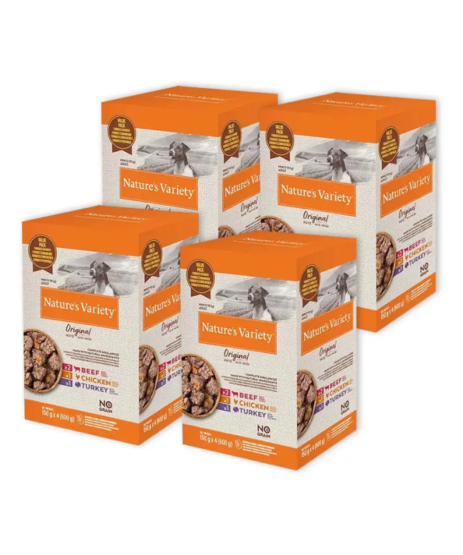 NATURES VARIETY CANINE ADULT PATE MULTIPACK 4X150GR – foto del producto buey 66% caldo NATURES VARIETY CANINE ADULT PATE MULTIPACK 4X150GR – foto del producto buey 66% caldo